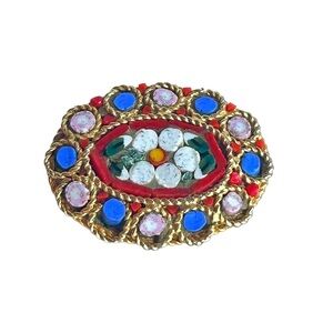 Vintage Italian Vibrant Floral Motif Micro Mosaic Brooch